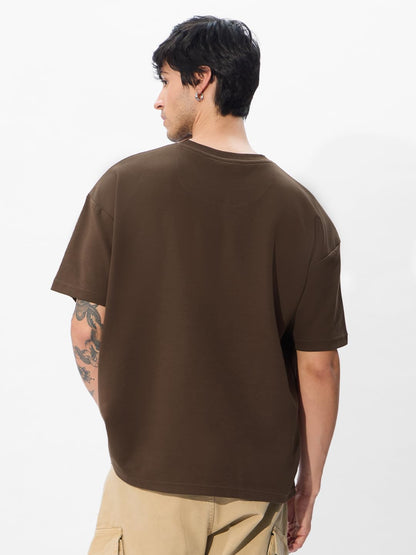 The Souled Store Fushion Brown Oversized T-Shirt for Men Boys Cotton Casual Half Sleeves Baggy Loose Fit Drop Shoulder Round Nec