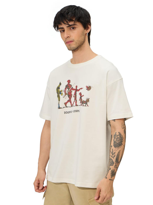 The Souled Store Official Deadpool: Corps Men and Boys Short Sleeves Round Neck White Graphic Printed Cotton Oversized T-Shirts