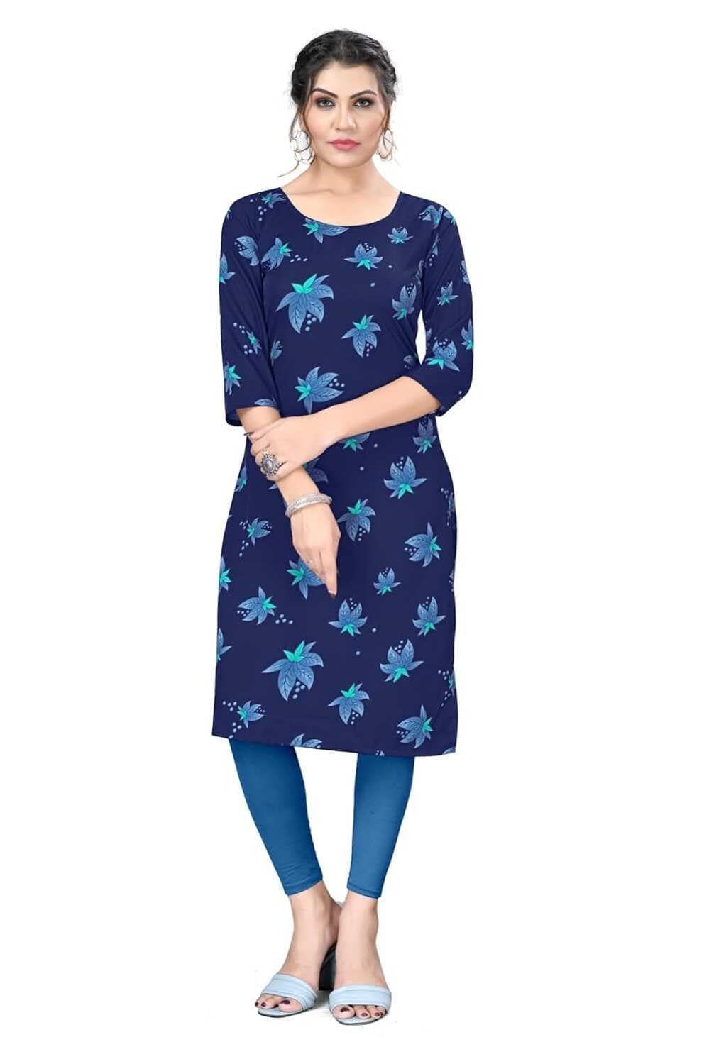Patlani WomenS A-Line-Calf Langth Half Sleeve Crepe Kurti. Blue