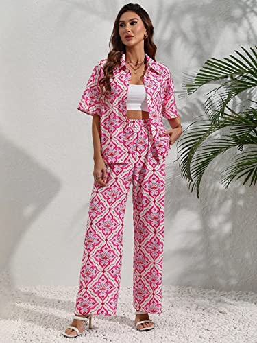 Greciilooks Women Co Ord Set| Knot Front Shirt & Wide Leg Pants| Allover Print Shirt & Bottom| Long Sleeve Shirt| Straight Print