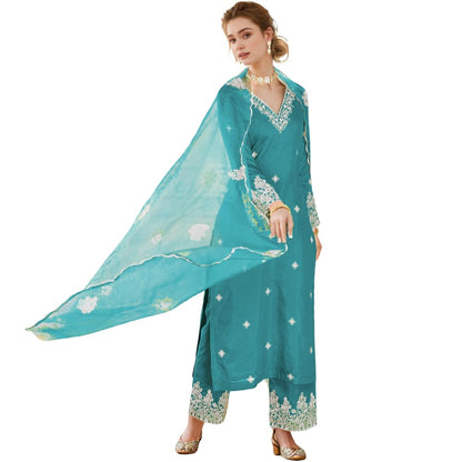 Shienzy WomenS Embroidered Chanderi Kurta Pant Set With Net Dupatta | V Neck, 3/4 Sleeve Ethnic Set | Outfit For Office Wear (1