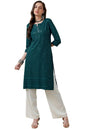 Soch Womens Teal Rayon Embroidered Straight Kurta With Sequins