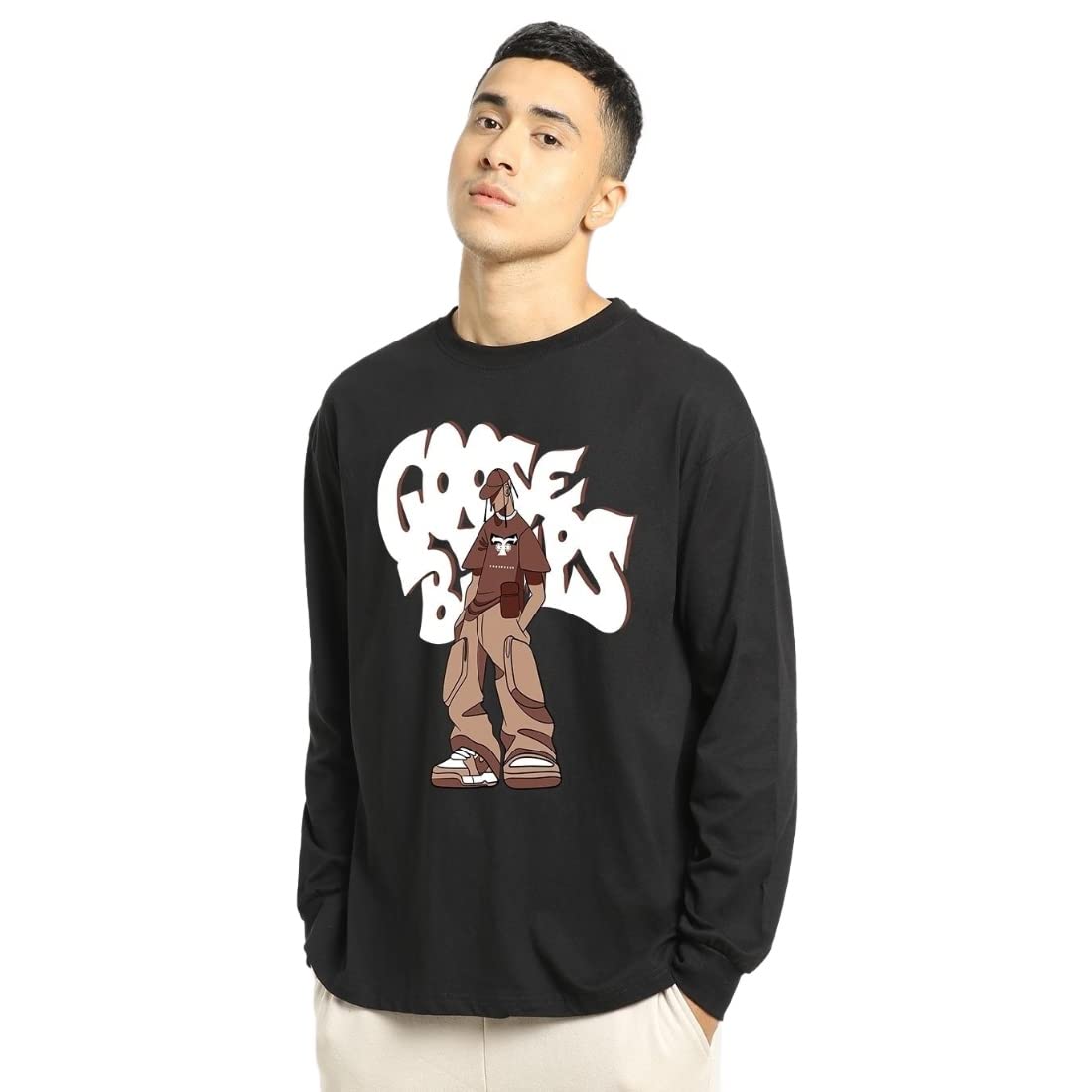 Bewakoof Mens Goosebumps Graphic Printed Cotton T-Shirt - Loose Fit, Crew Neck, Long Sleeves