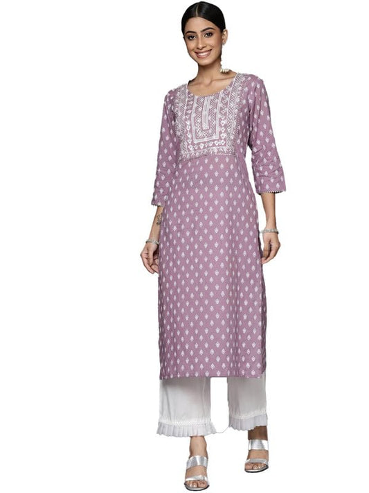 Varanga Mauve Straight Kurta with Embroidered Yoke