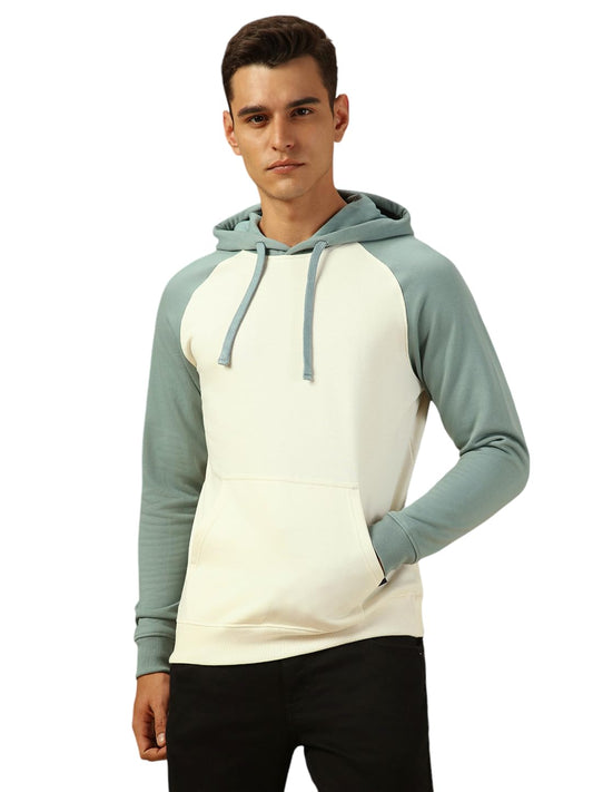 Dennis Lingo Men Regular Fit Cotton Colorblock Full Sleeves Hooded Pullover Sweatshirt Off White