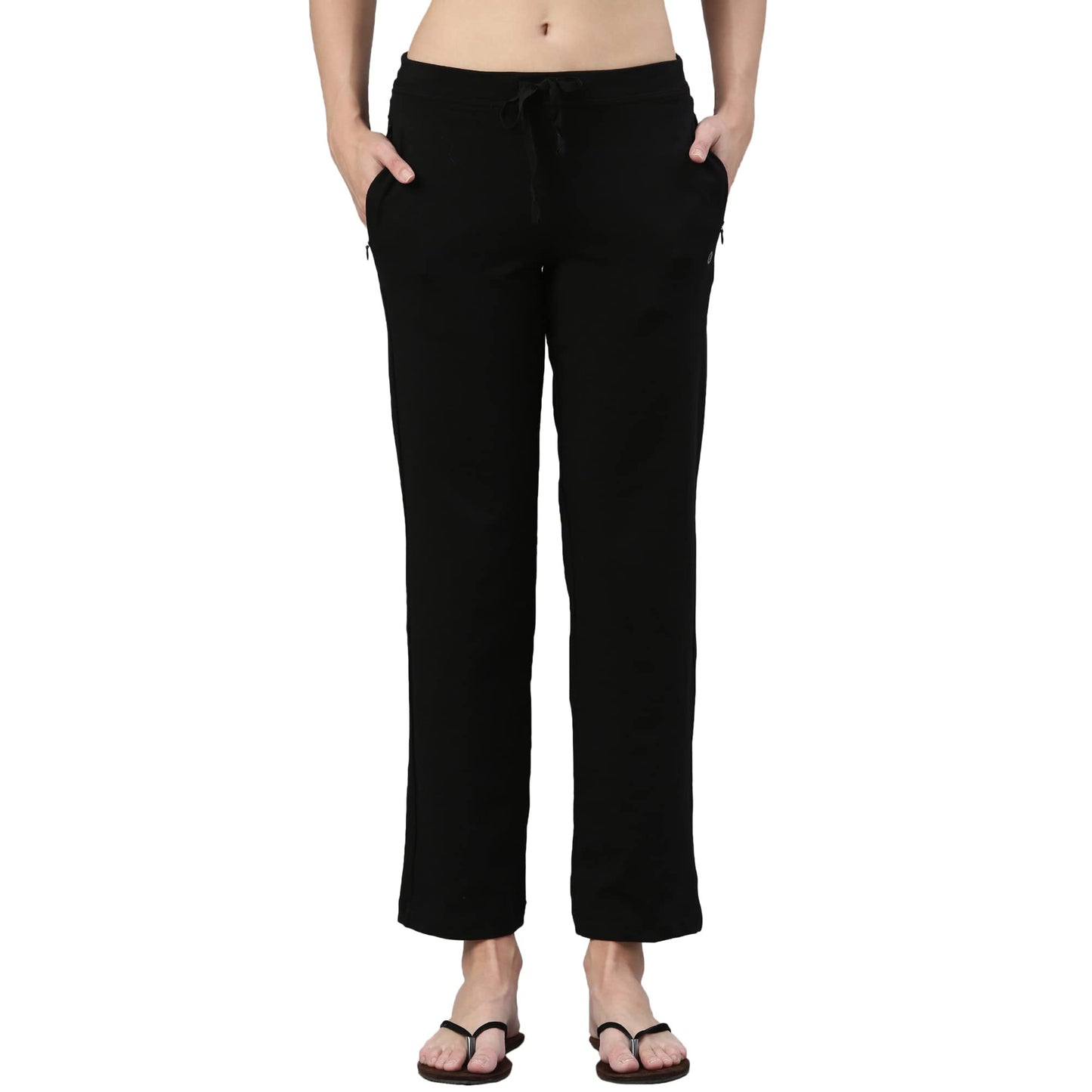 Enamor Essentials Womens Mid Rise Slim Fit Straight Leg Breathable Stretch Cotton Lounge Pants with Drawstring and Invisible Zip
