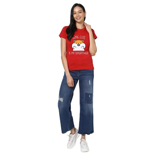 Bewakoof Womens Being Cute is My Super Power Graphic Print 100% Cotton T-Shirt- Regular Fit, Round Neck, Half Sleeve