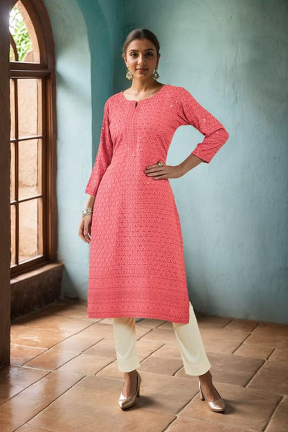 Soch Womens Onion Pink Rayon Sequin Embroidered Boat-Neck Straight Kurta
