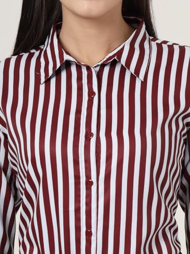 Style Quotient Women Maroon and White Stripe Printed Polyester Regular Fit Formal Shirt