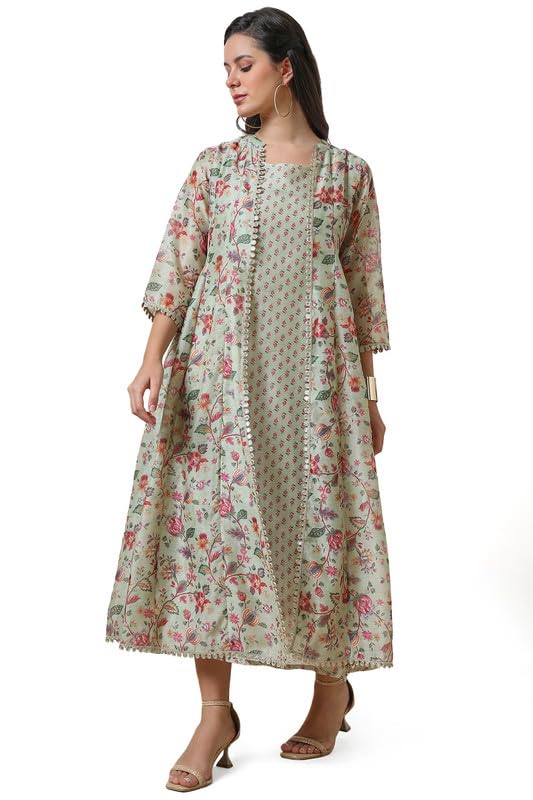 Soch Womens Sap Green Printed Chanderi Blend Dress With Jacket