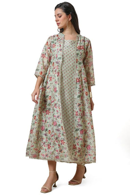 Soch Womens Sap Green Printed Chanderi Blend Dress With Jacket