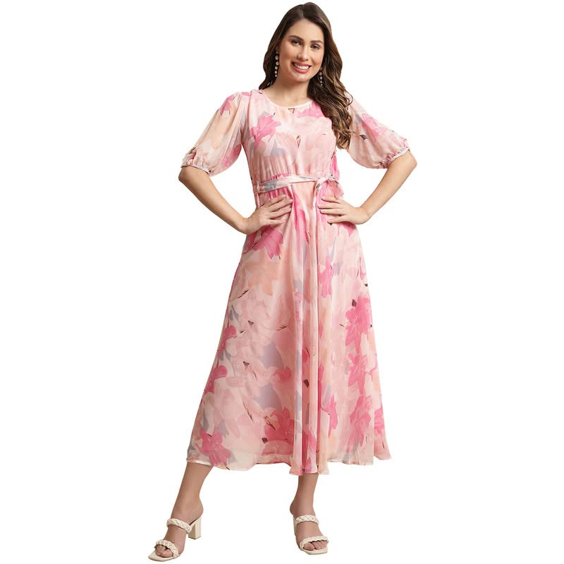 Preneum WomenS Maxi Fit & Flare Print Georgette Regular Sleeves Casual |Summer |Latest Style |Festival & Occasion Maxi Gown(Max