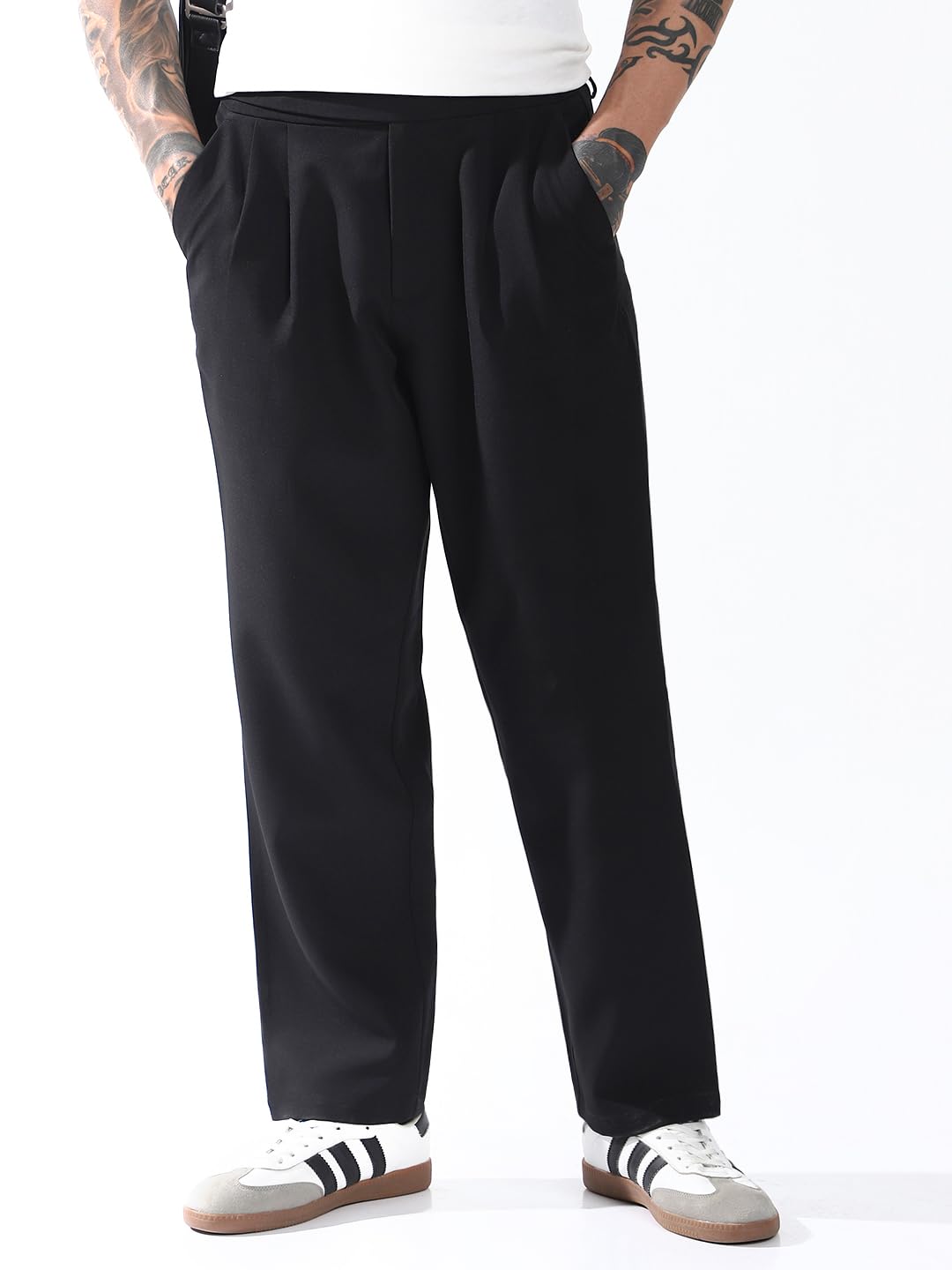 Hubberholme Men Solid Relaxed Fit Mid-Rise Korean Trousers 22 Black