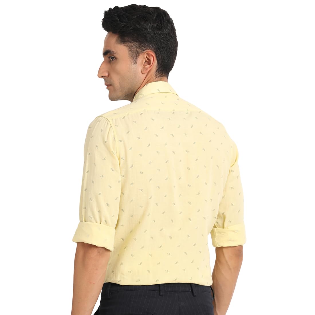 Turtle Men Cotton Linen Slim Fit Yellow Printed Casual Shirt