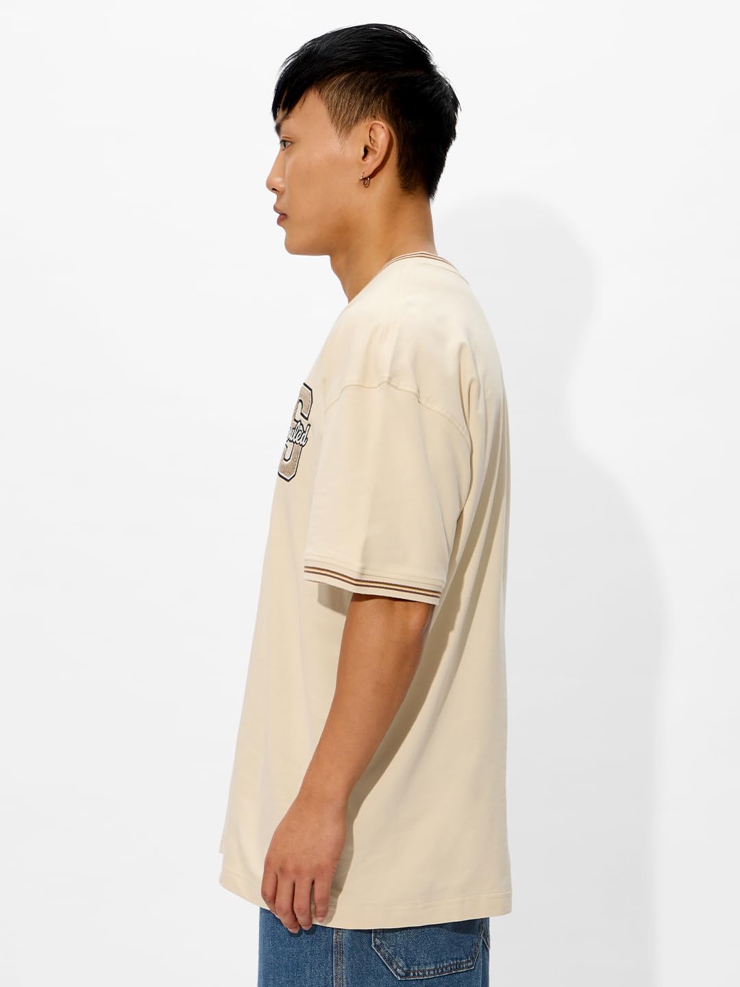 The Souled Store Cosmic Beige Oversized T-Shirt for Men Boys Cotton Casual Half Sleeves Baggy Loose Fit Drop Shoulder Round Neck