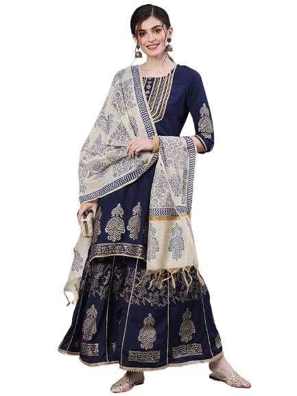 ishin Women's Pure Silk Yoke Design Gotta Patti Navy Blue Ethnic Motifs Print Straight Kurta suit set With Dupatta & Sharara