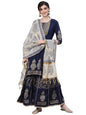 ishin Women's Pure Silk Yoke Design Gotta Patti Navy Blue Ethnic Motifs Print Straight Kurta suit set With Dupatta & Sharara