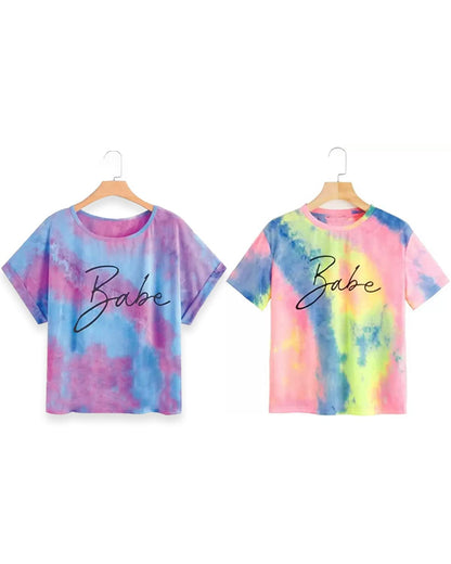 Juneberry Tie & Dye Printed Half Sleeve Round Neck Regular Fit T-Shirt Combo For Women (Pack Of 2)