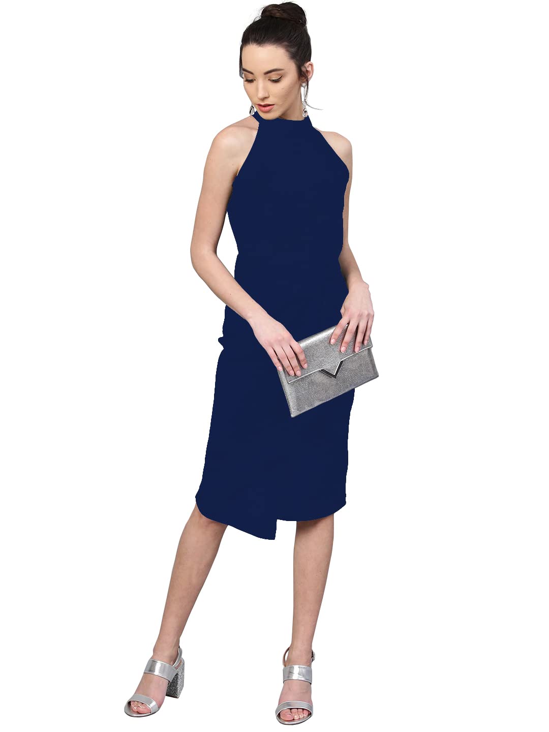 Shasmi Polyester Blend Bodycon Knee-Length WomenS Elegant Halter Neck Pleated Flounce Sleeveless Midi Dress (Dresses For Tops_N