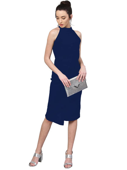 Shasmi Polyester Blend Bodycon Knee-Length WomenS Elegant Halter Neck Pleated Flounce Sleeveless Midi Dress (Dresses For Tops_N