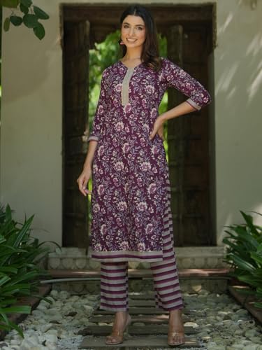 Libas Womens Printed Cotton Straight Kurta With Trousers