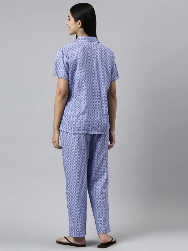 Enamor Essentials Relaxed Fit Modal Short Sleeve Printed Shirt & Mid Rise Pant Slounge Set for Womens-EC17 (EC17_Purple Geo AOP_