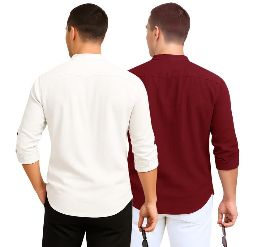 Deelmo Combo Of MenS Cotton Blend Solid Regular Fit Full Sleeve Short Kurta | MenS Trendy Short Kurta Pack Of 2 White - Red