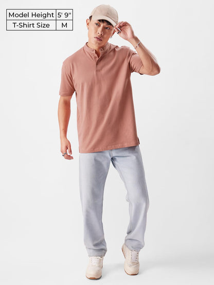 The Souled Store Solids: Desert Rose Mens & Boys Regular Fit Solid Half Sleeve Cotton Pink Mandarin Polos Mens Polos Graphic te