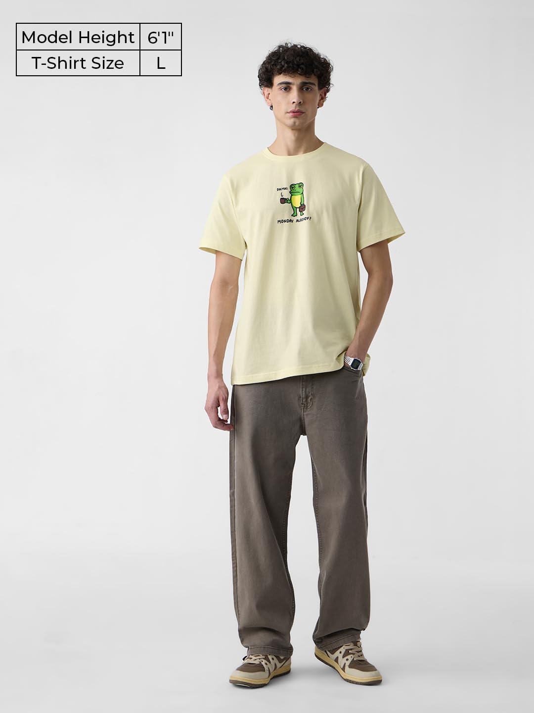 The Souled Store Relaxed T-Shirt: Monday Frog Men and Boys Short Sleeves Round Neck Off White Graphic Printed Relaxed Fit Cotton