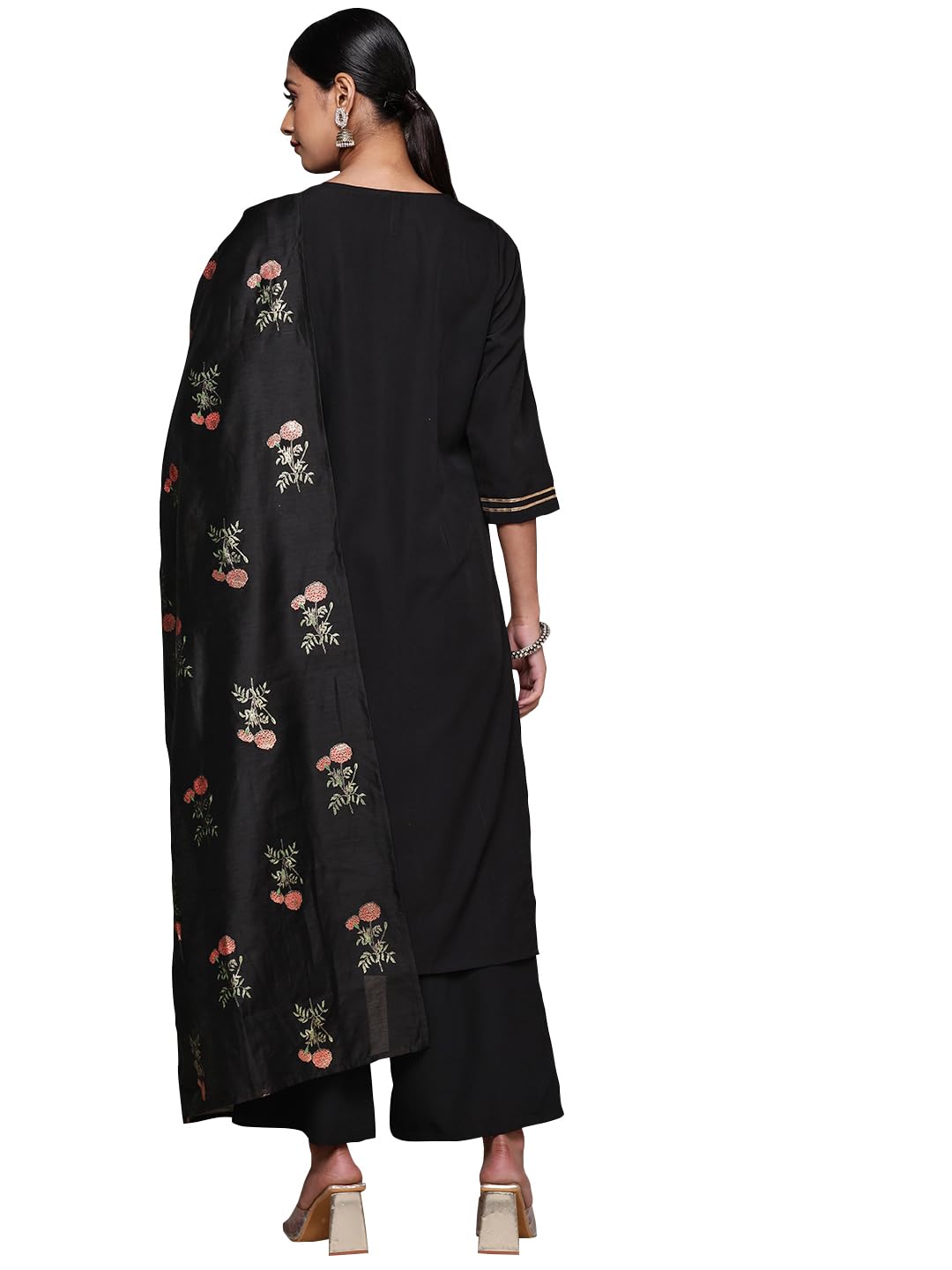 ZIYAA Women's Black Crepe Kurta, Palazzo and Dupatta Set