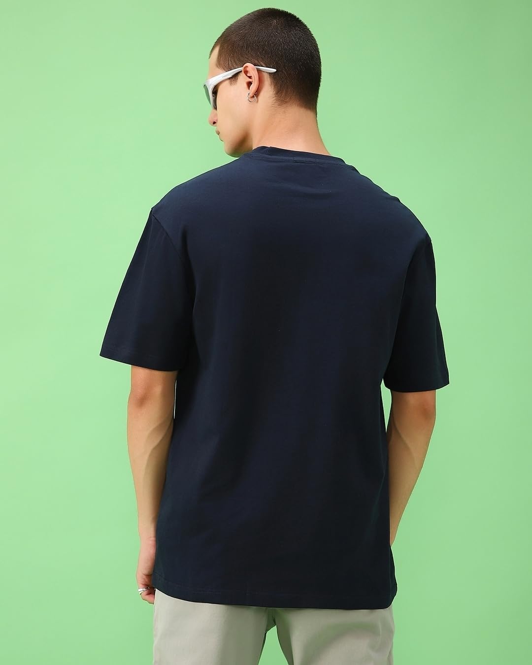 Bewakoof Mens Solid Oversized Fit Half Sleeve Round Neck Cotton T-Shirt Blue