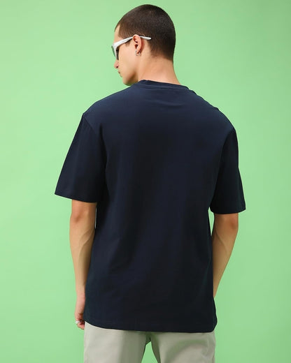 Bewakoof Mens Solid Oversized Fit Half Sleeve Round Neck Cotton T-Shirt Blue