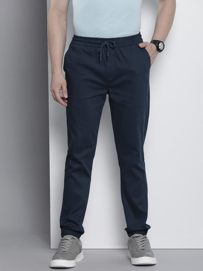 The Indian Garage Co Men Slim Fit Solid Mid-Rise Stretchable Chino Joggers Navy Blazer