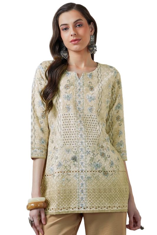 Soch Womens Cream Cotton Blend Notch Neck Schiffli Tunic