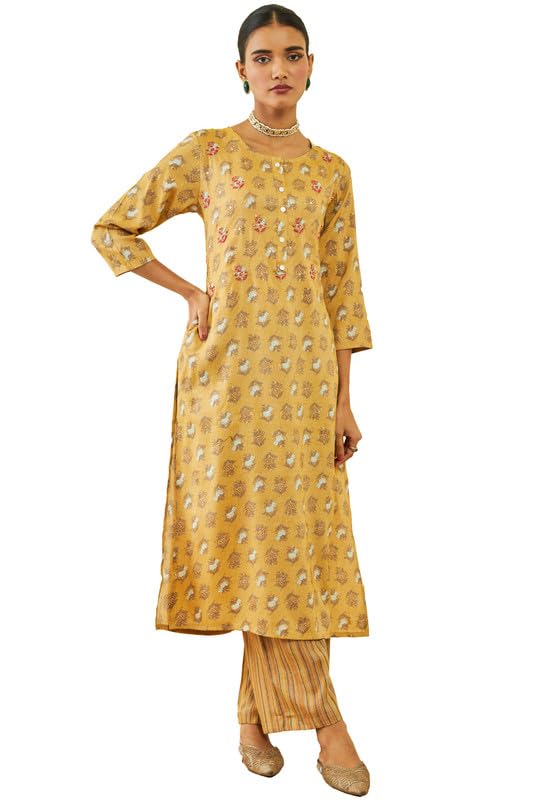 Soch Womens Mustard Rayon Floral Print Round-Neck Straight Kurta Sets with Pocket