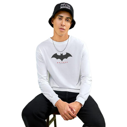 Bewakoof Mens Batman Outline Logo (BML) Graphic Print White Round Neck Long Sleeve Oversized Fit T-Shirt
