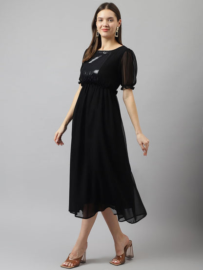 Toochki WomenS Black Sequence Georgette Solid Fit & Flared Western Dress | Dress For Women | A Line Dress | Winter Dress | West