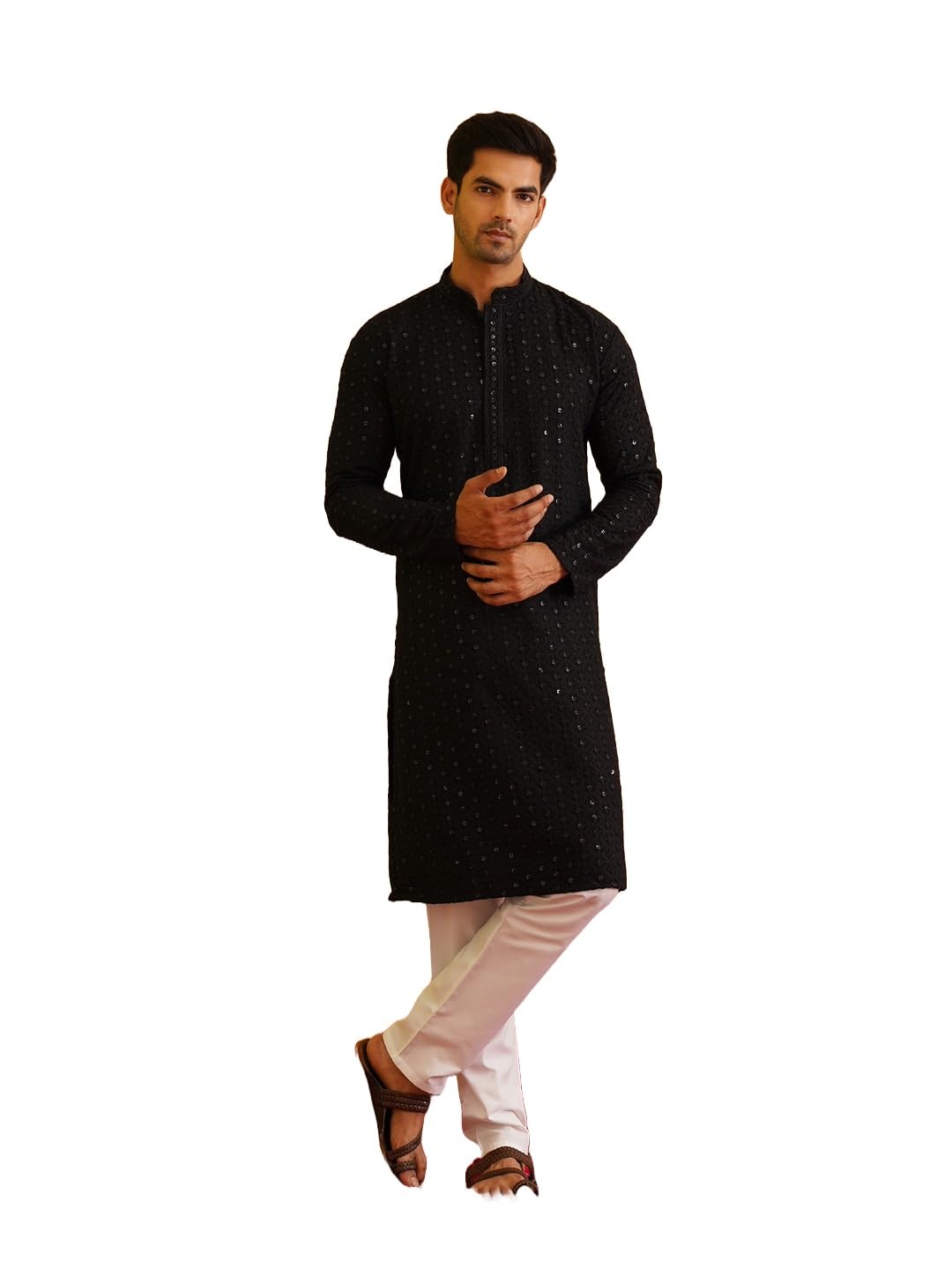 SOJANYA (Since 1958 Men's Pure Cotton Sequined Black Kurta and White Pyjama Set