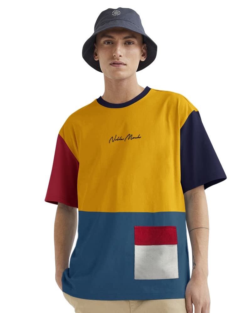 Noble Monk MenS Round Neck Loose Fit Half Sleeves Colorblocked T-Shirt