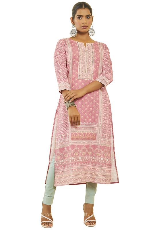 Soch Womens Pink Muslin Botanical Print Kurta with Beadwork Details