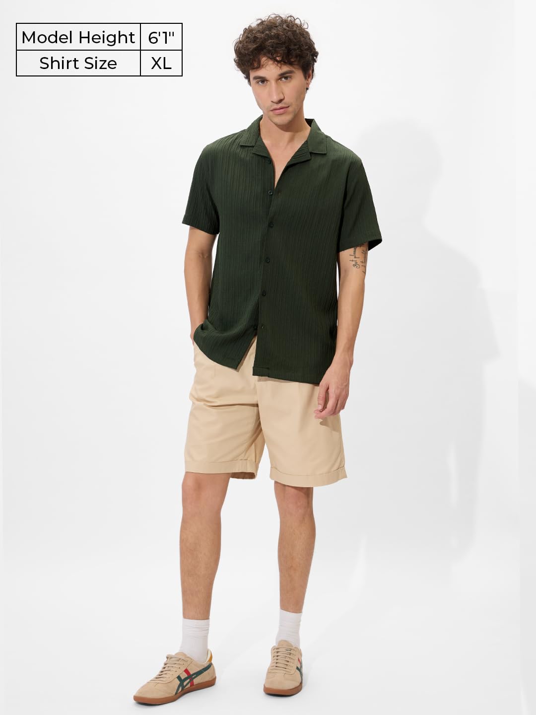 The Souled Store Solids: Forest Green Men and Boys Short Sleeves Collared Neck Button Front Regular Fit Polyester Textured Shirt