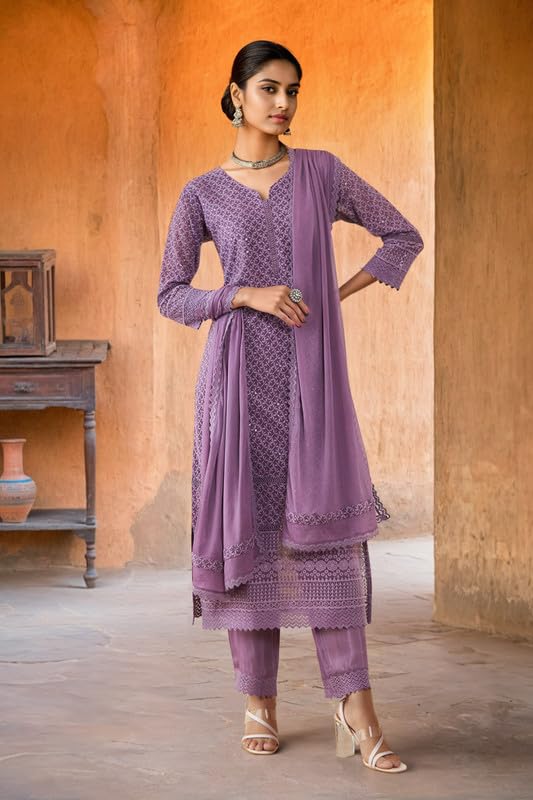 Soch Womens Purple Georgette All-Over Sequin Embroidered Suit Set with Dupatta