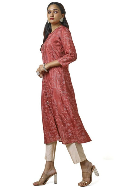Soch Womens Rust Art Silk Abstract Print Kurta with Beads