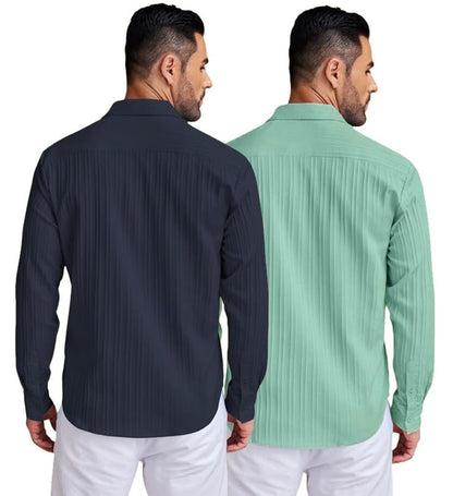 Deelmo Combo Of MenS Casual Button Down Shirts Long Sleeve Linen Shirt Fashion Textured Summer Shirts Pack Of 2