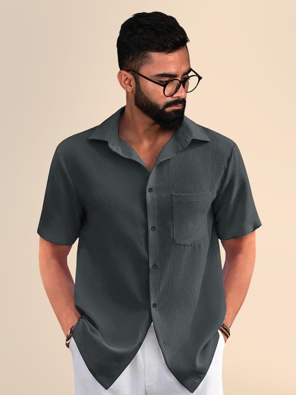 PinkMint Popcorn Shirt for Men ll Textured Shirts for Men ll Stylish Half Sleeve Shirt ll Goa Wear ll Regular Fit Shirt Grey