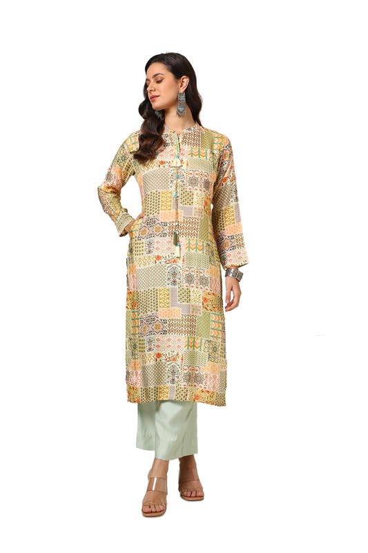Soch Womens Cream Vicose Muslin Ethnic Motifs Kurta With Tassels