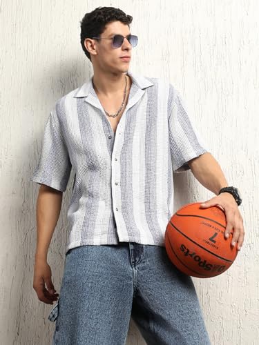 Hubberholme Men Summer Cotton Spread Collar Short Sleeves Oversized Casual Shirt 27 Blue