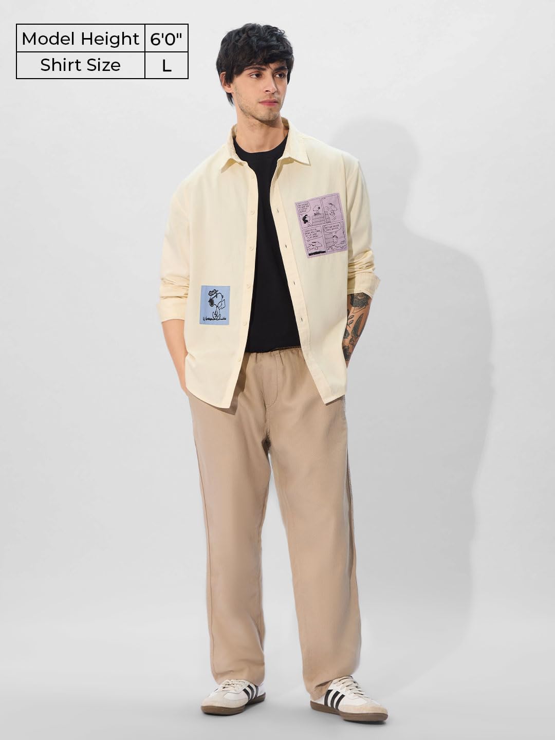 The Souled Store Official Peanuts: Joe Cool Men and Boys Long Sleeve Collared Neck Button Down Linen Relaxed Fit Check Shirts