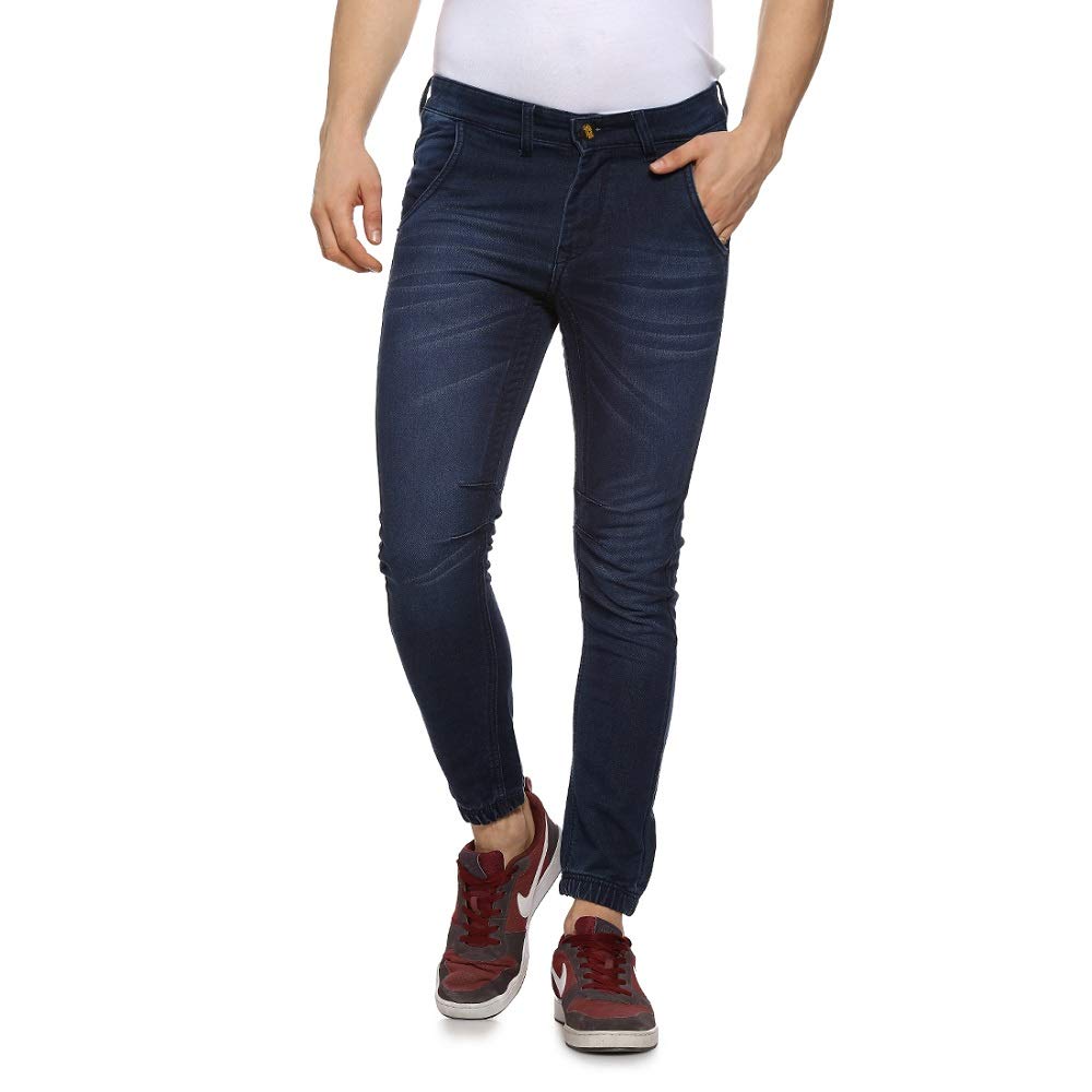 Campus Sutra Mens Blue Cinched Hem Denim Jeans for Casual Wear | Medium-Wash | Regular Fit | Drawstring Closure | Cotton Denim