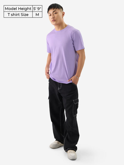 The Souled Store Solids: Deep Lavender Men and Boys Round Neck Short Sleeve Cotton Regular Fit T-Shirts